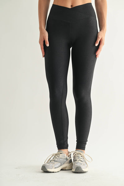 Leather Look Crossover Leggings: BURGUNDY