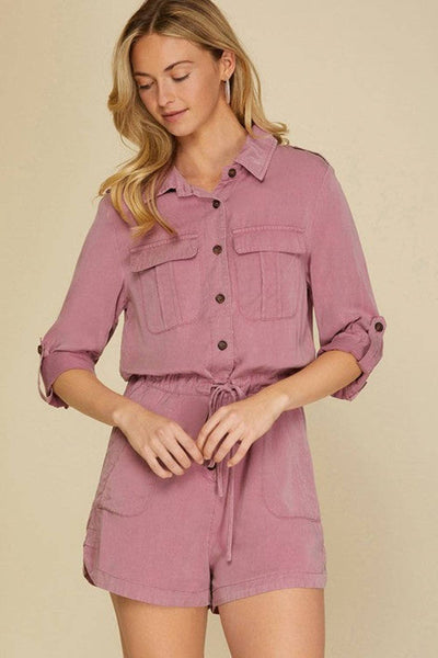 Reese Roll up Sleeve Flap Pockets Drawstring Romper: Peach Blossom / 70%Viscose+30%Polyester