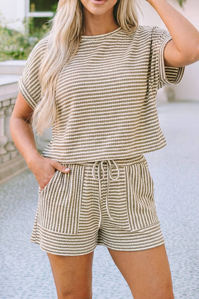 LDC Stripe Breathable Textured Knit Short 2pcs Set: Brown Stripe