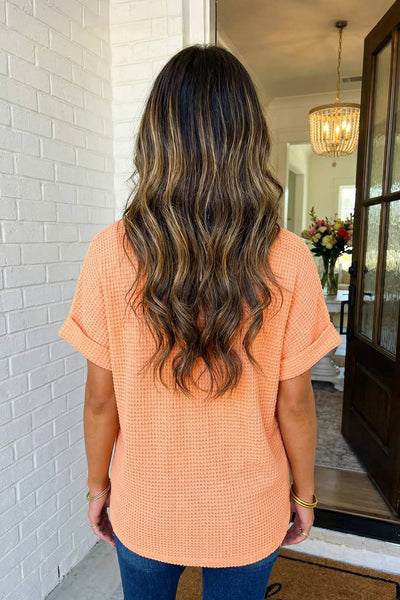 LAS Waffle V Neck Short Sleeve Knit Top Grapefruit Orange