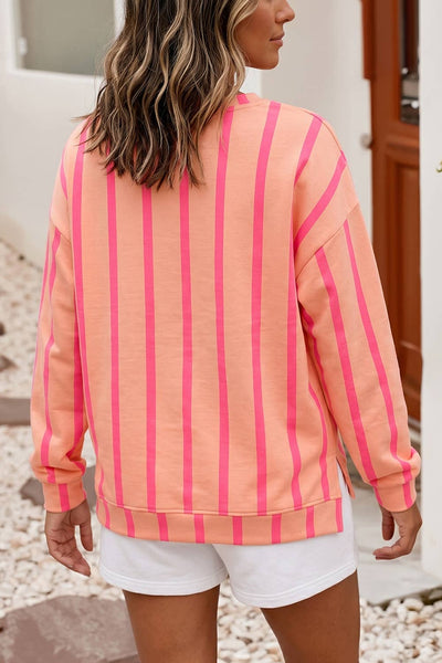 Stripe Dropped Shoulder Round Neck Sweatshirt: Pink Stripe