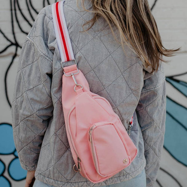 Light Pink Solid SLING BAG with Striped Strap: Light Pink