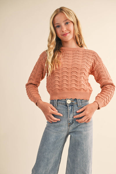 GIRLS KIDS CREW NECK WAVY POINTELLE L/S SWEATER