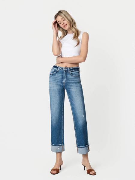 HIGH RISE MEDIUM DARK WASH CUFFED SLIM WIDE JEANS F5992: DARK STONE