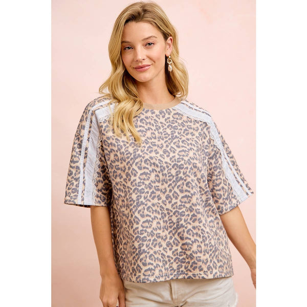 LEOPARD TERRY SIDE DETAIL SHORT SLEEVES TOP: