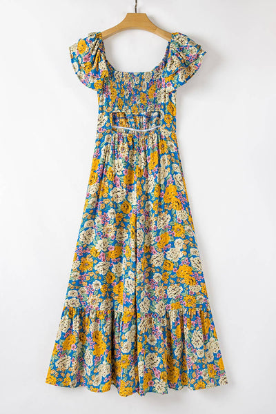 Floral Shirred Cut Out High Waist Jumpsuit: