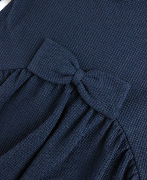 Girls Dark Navy Waffle Knit Long Sleeve Bow Back Top: Blue