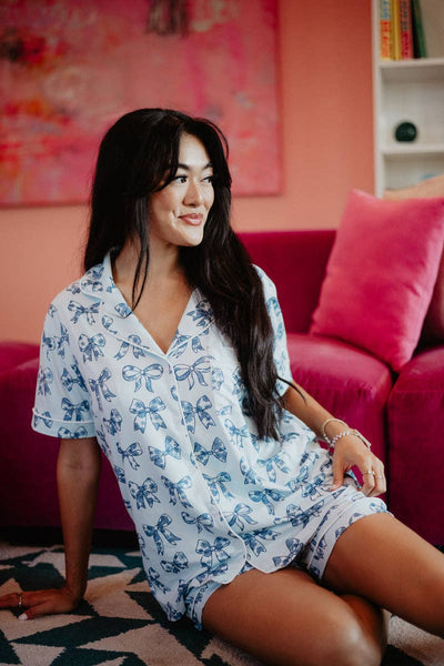 Toile Print Coquette Bows Cute Pajamas: Light Blue / S