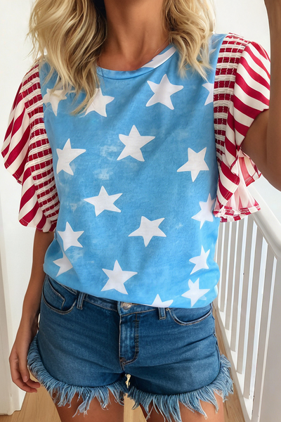 Independence Day Star & Stripe Ruffle Sleeve Top Sky Blue