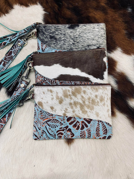 Embossed Leather Cowhide Wristlet  4 colors: Turquoise