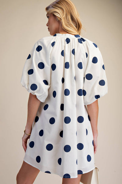 Puff-Sleeve Mini Shift Dress: Navy