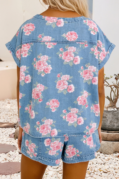 LDC Cuffed Retro Floral Top Loose Shorts 2pcs Denim Set: Sky Blue