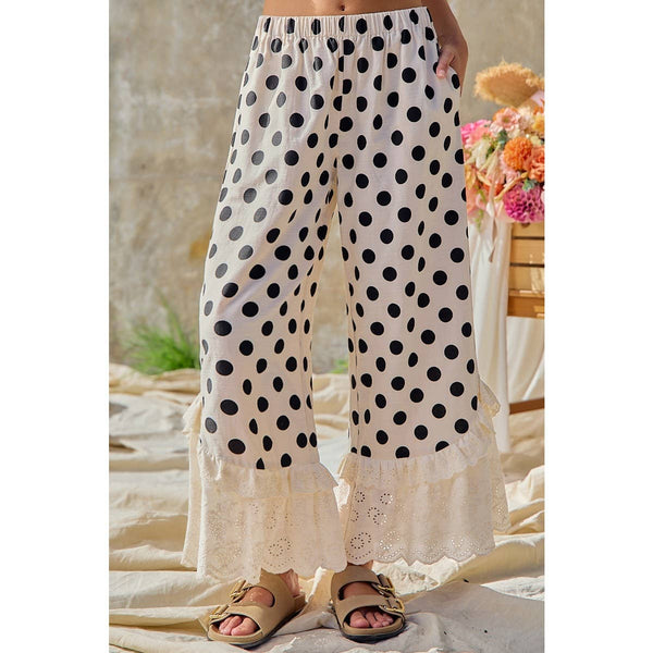 LINEN BLEND POLKA DOT PRINTED RUFFLE LACE HEM PANTS: CREAM/BLACK