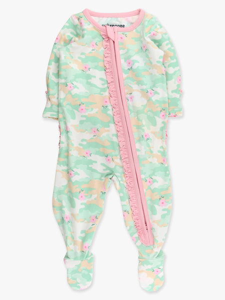 SoftSnooze™ Baby Girls Cotton Modal Sage Blossom Camo Footed Ruffle One Piece Pajama: Green