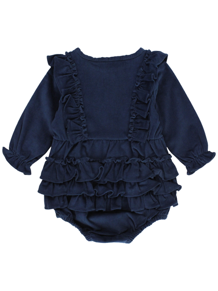 Baby Girls Dark Navy Stretch Corduroy Waterfall Bubble Romper: Blue / 0-3m