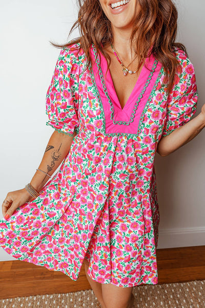 Floral Print V Neck Patchwork Short Bubble Sleeve Mini Dress: Pink