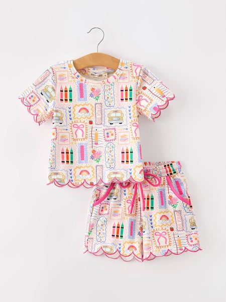 Back to School Print Girl Short Set Scallop Hem: