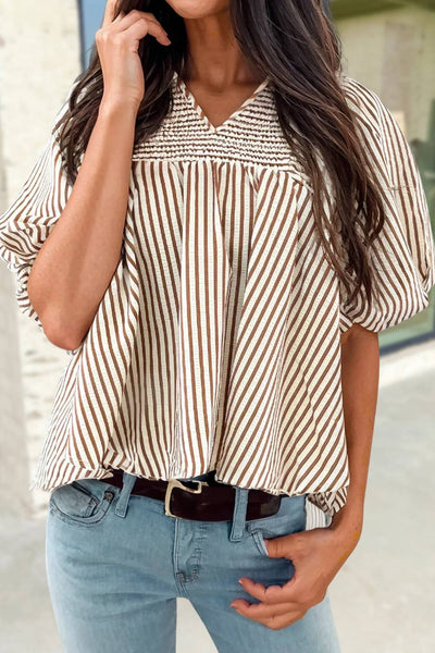 Striped V Neck Short Puff Sleeve Blouse : Brown Stripe