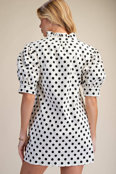 Ruffle V-Neck Puff Sleeve Polka Dot Mini Dress: white/black
