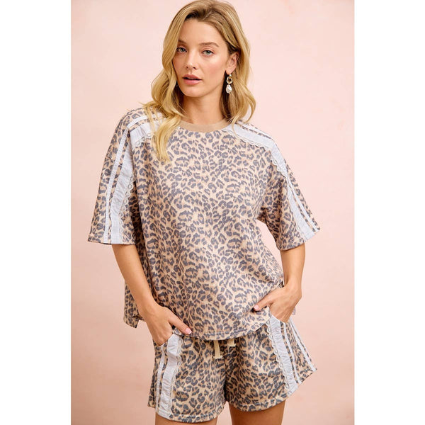 LEOPARD TERRY SIDE DETAIL SHORT SLEEVES TOP: