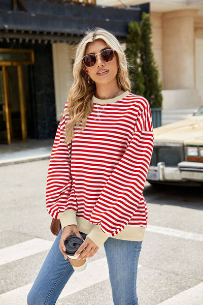 Striped Crew Neck Contrast Color Loose Long Sleeve Sweater: Green and white stripes