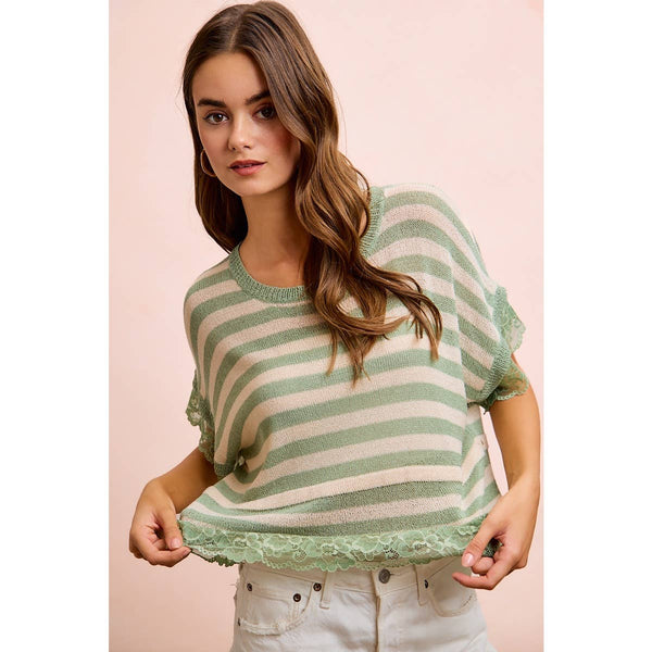 STRIPED CONTRAST LACE DETAIL LIGHTWEIGHT KNIT TOP: PALE BANANA / M