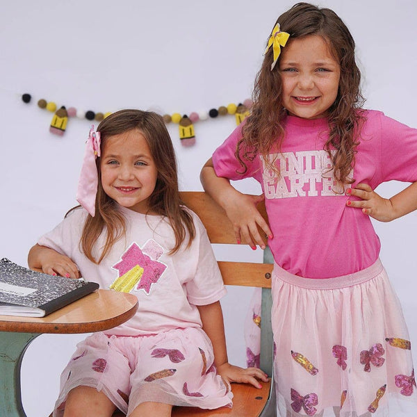 Pencil Bow Sequin Patch Short Sleeve T-Shirt