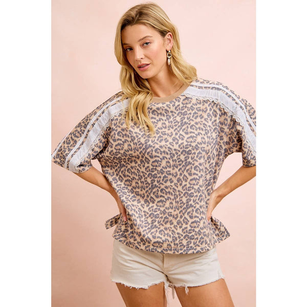 LEOPARD TERRY SIDE DETAIL SHORT SLEEVES TOP:
