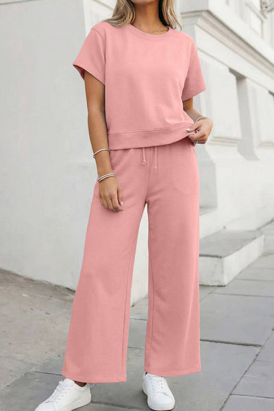 Soft Color Tee & Wide Leg Pants 2pcs Set Pink