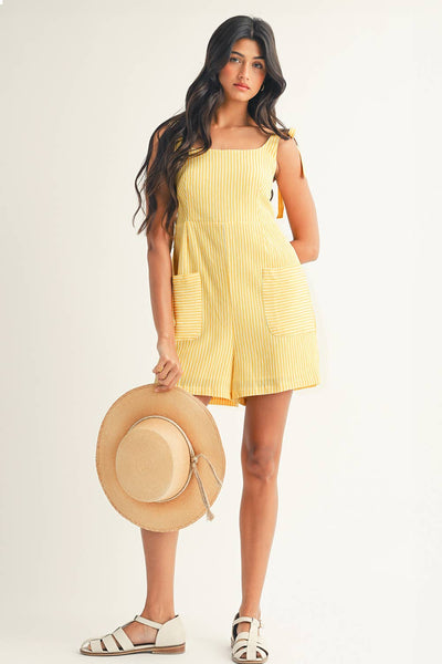 LDC Stripe Shoulder Tie Smocked Back Wide Leg Casual Romper: Yellow