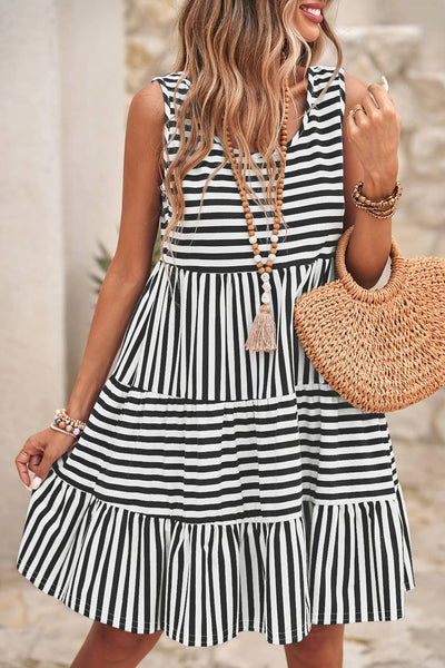 LDC Stripe U Neck Sleeveless Loose Fit Mini Dress: Sky Blue