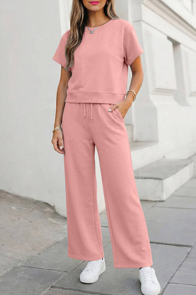Soft Color Tee & Wide Leg Pants 2pcs Set Pink