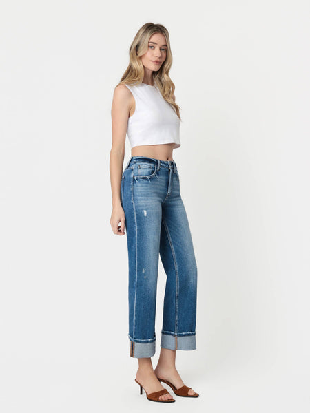HIGH RISE MEDIUM DARK WASH CUFFED SLIM WIDE JEANS F5992: DARK STONE