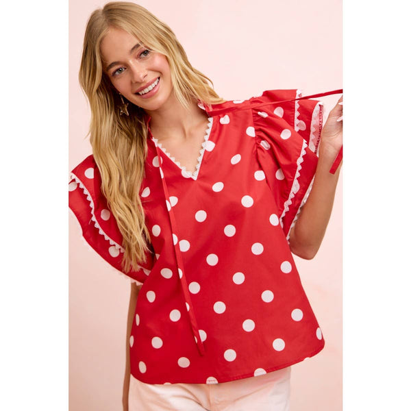 POLKA DOT PRINTED RUFFLE TRIM EDGE BLOUSE TOP: RED / S