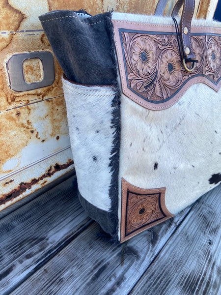 Tooled Leather Cowhide Travel Overnight Weekender Myra Bag