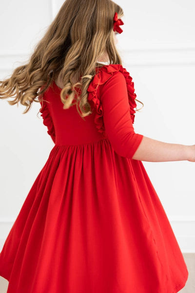 Red 3/4 Ruffle Twirl Dress