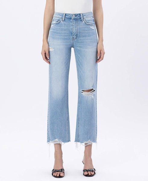 HIGH RISE DISTRESSED CROP SLIM WIDE JEANS F6037: EZRA