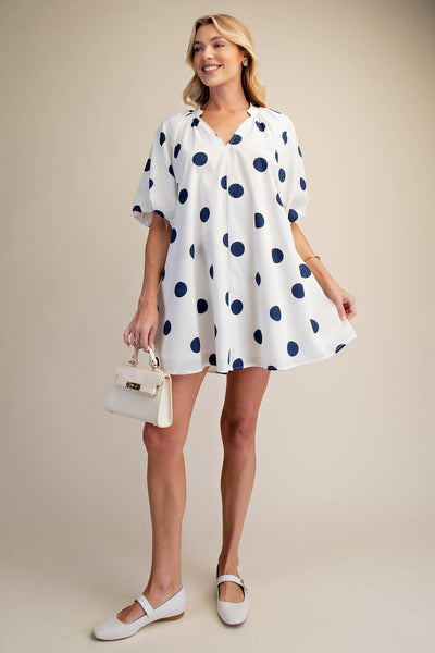 Puff-Sleeve Mini Shift Dress: Navy