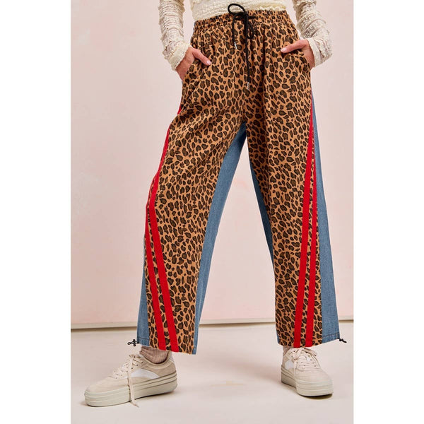 WASHED LEOPARD DENIM MIX AND MATCH JOGGER PANTS: LEOPARD/DENIM
