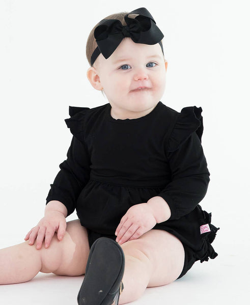 Baby Girls Black Knit Long Sleeve Flutter Bubble Romper: Black