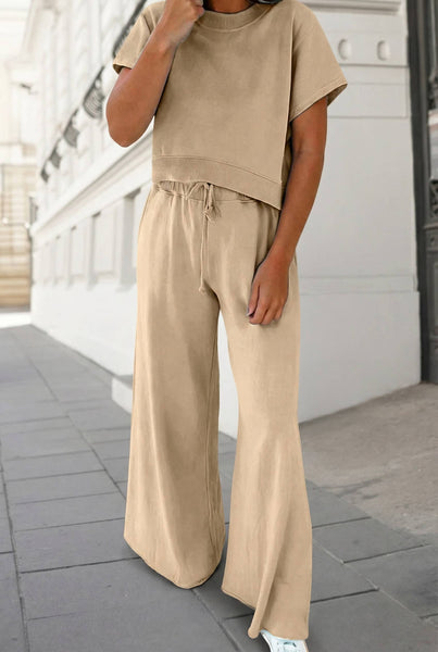 Soft Color Tee & Wide Leg Pants 2pcs Set Khaki