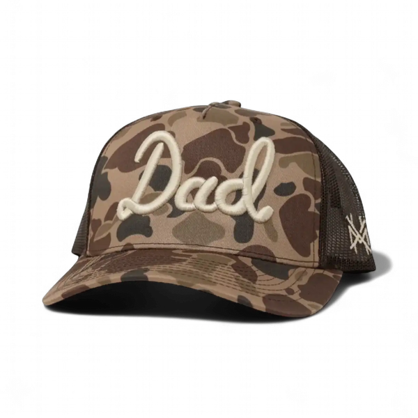 Dad Trucker Hat: 7 Panel Duck Camo/Brown/Duck Camo