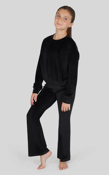 Girls Rib Velour Crew Neck, Flared Pant, Scrunchie - SET: Black