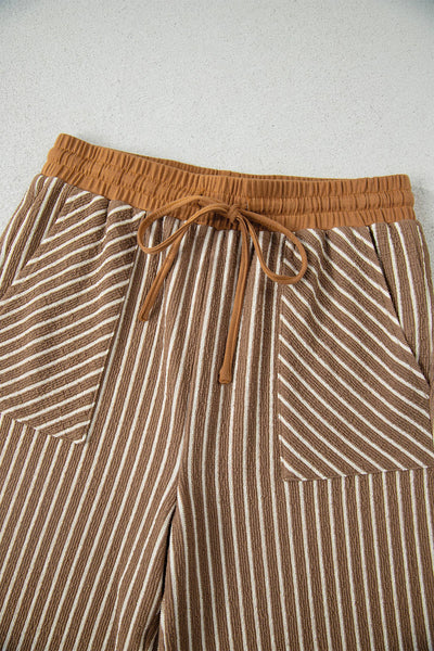 Striped Drawstring Waist Cropped Pants SetKhaki Stripe