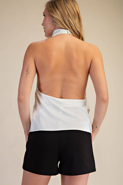 Halter Neck Cowl Neck Sleeveless Openback Satin Top: Dusty Blue / S