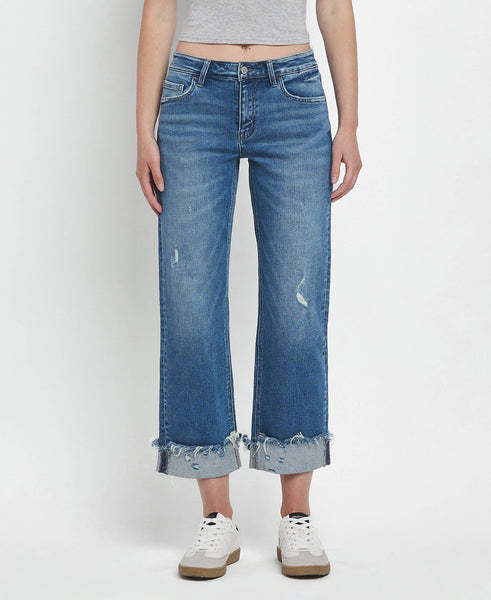 MID RISE RAW CUFFED HEM SLIM WIDE JEANS F5861: FOUR SEASON
