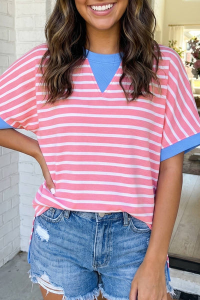 LAS Striped Colorblock Contrast Trim Loose Top Pink Stripe