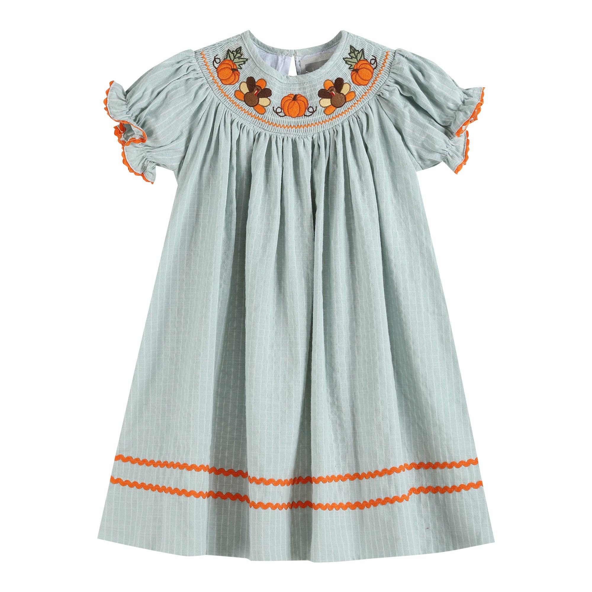 Light Blue Pinstripe Turkey Smocked Bishop Dress: