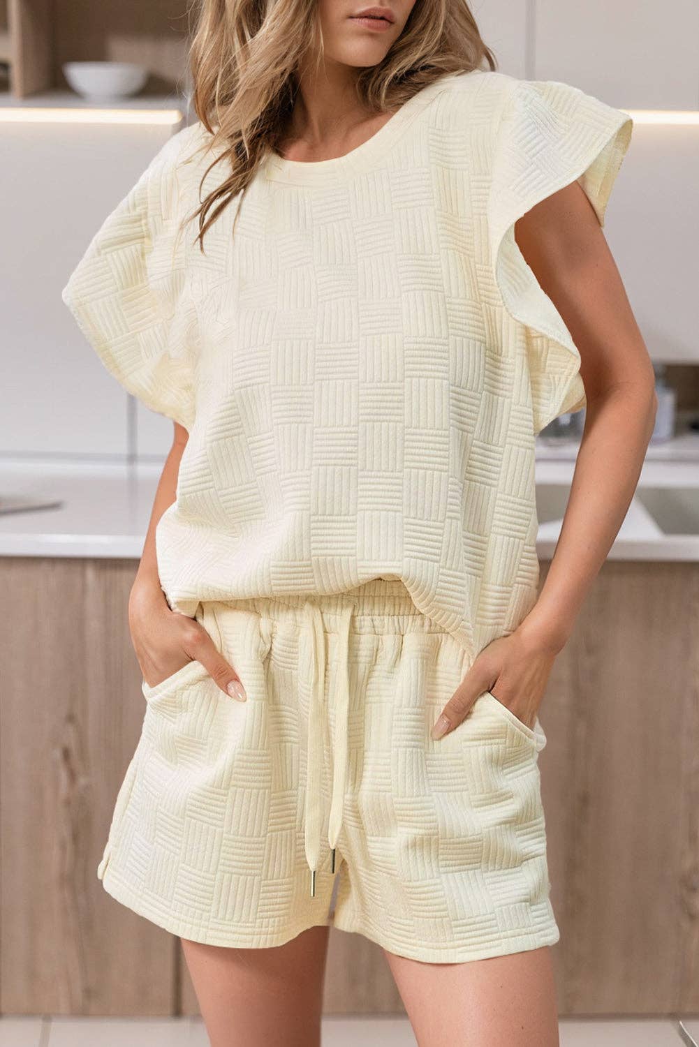 Textured Tee and Shorts Set: Apricot