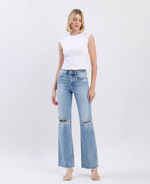 HIGH RISE DISTRESSED SLIM WIDE JEANS F6011: GLORIETTA